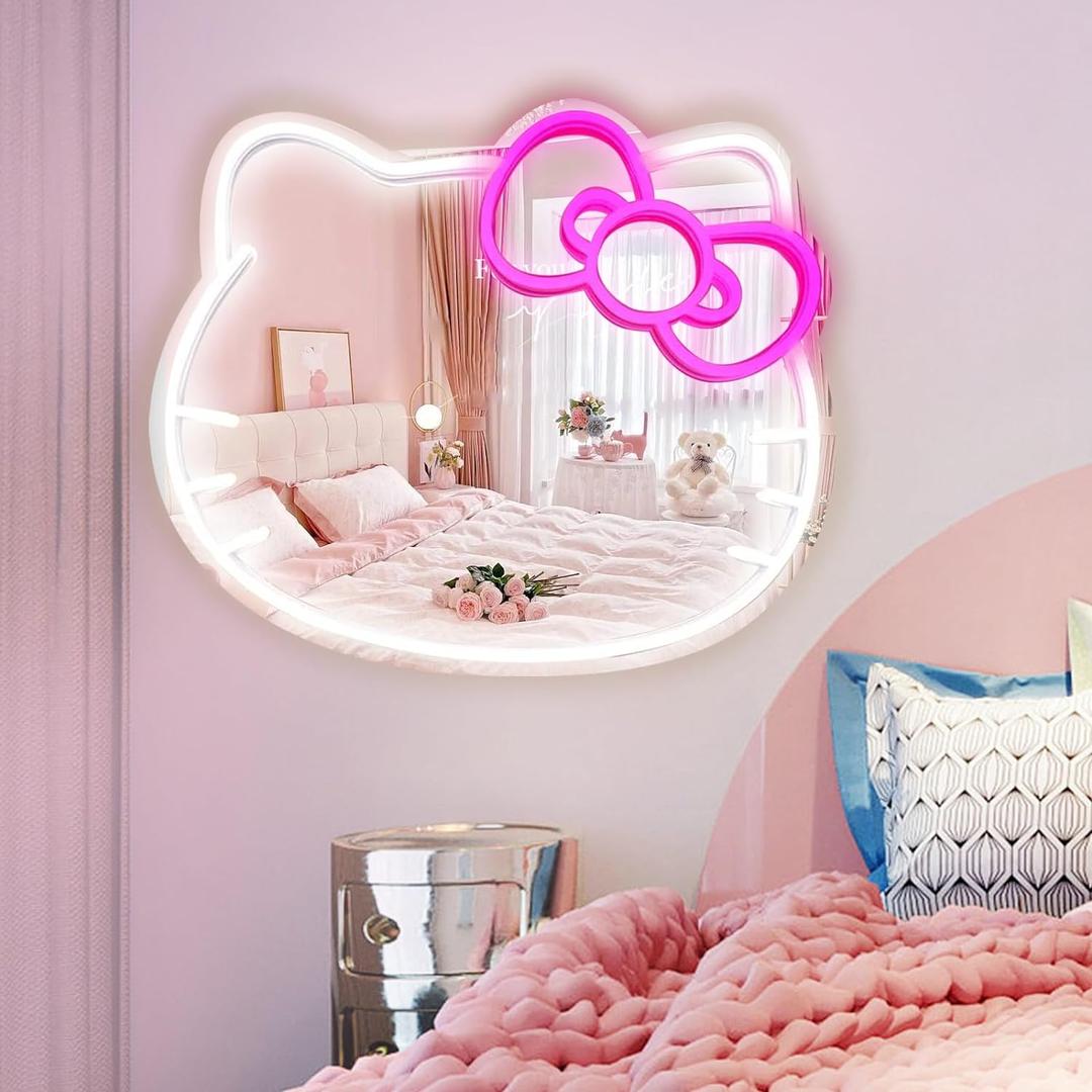Anime Hello Kit Mirror with Light Neon Signs for Wall Decor, Teen Girl GiftMakeup Mirror neon Sign Room Decor (14.6 * 12.2 inch)