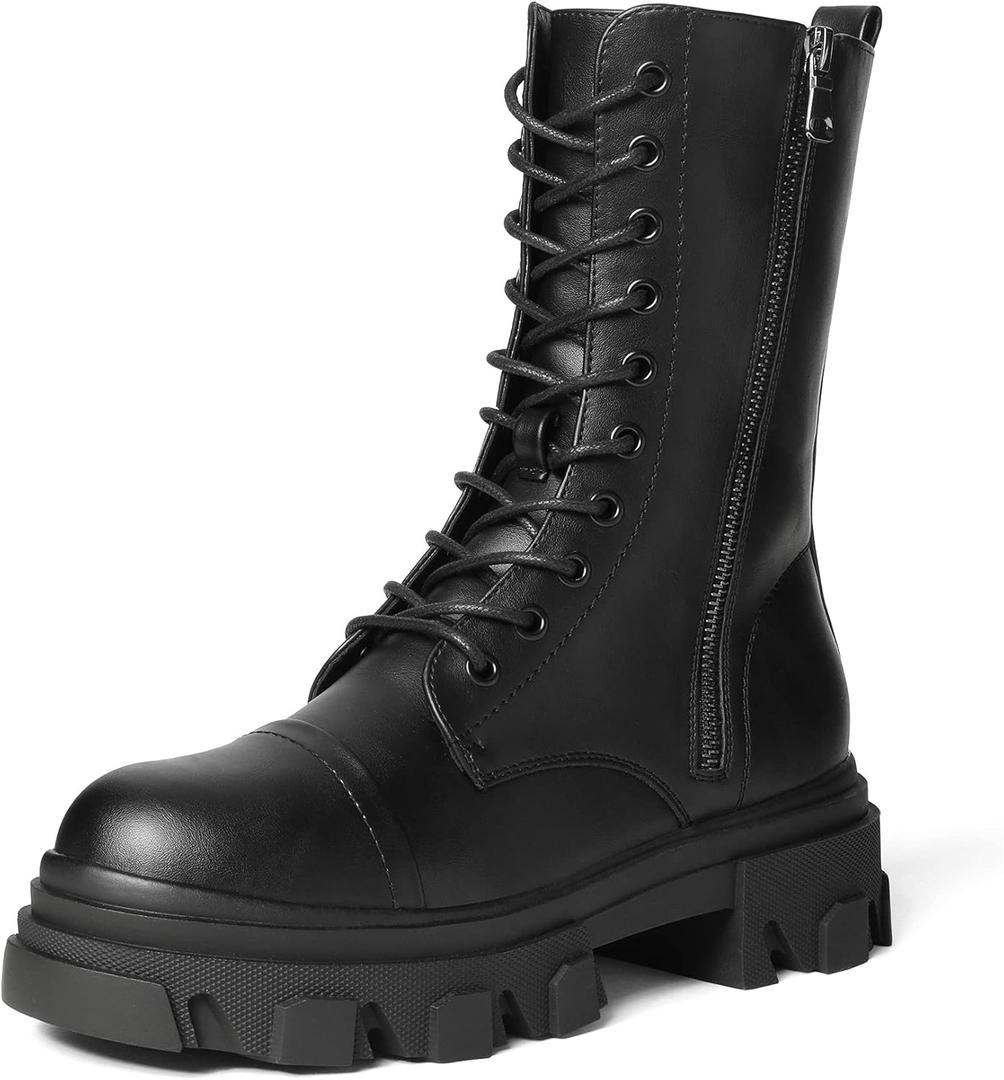 DREAM PAIRS Women's Combat Boots Lace up Mid Calf Boots Low Heel Chunky Platform Lug Sole Riding Boots (11, Black/Pu)