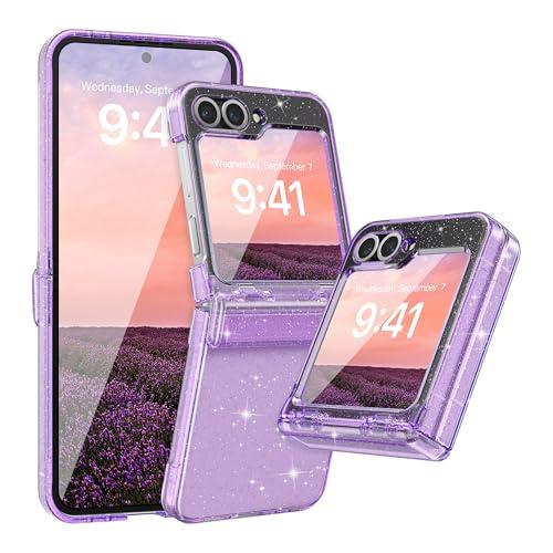 FABSPARK Case for Samsung Galaxy Z Flip 6 Built-in Screen Protector, Hinge Protection, Sparkly Bling Glitter Crystal Clear Transparent Slim Fit Acrylic Hard PC for Samsung Z Flip 6 Case, Glitter Purple