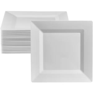 Oasis Creations White Square Plates Set 10" - 50 count - Premium Hard White Plastic - Disposable and Reusable - Salad Appetizer Dinner Party Plate Set