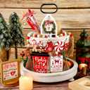12 Pieces Christmas Tiered Tray Decor Farmhouse Hot Cocoa Decor Warm Winter Tabletop Wooden Block Sign Gingerbread Man Candy Cane Wood Bead Garland Holiday Table Centerpieces