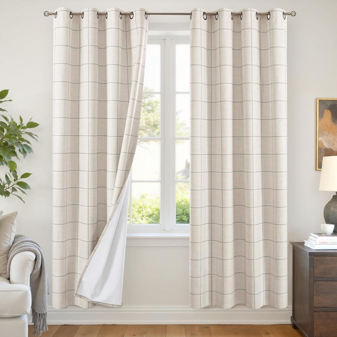 Lajode Grey Linen Blackout Curtains for Living Room - Plaid Patterned Curtains 72 Inch Long, Boho Black Out Thermal Insulated Drapes for Bedroom Grommet Style 52x72 Inch 2 Panels, Grey
