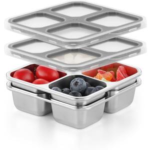 2 Pack Stainless Steel Snack Containers with Lids 4 Compartment Food Storage Containers for Adults & Kids Meal Prep Containers Reusable (Gray)