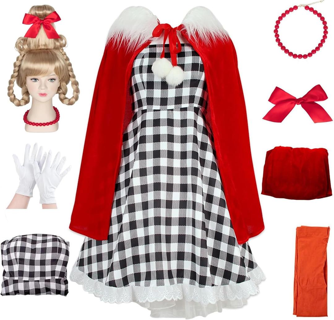 Cindy Loo Costume Kids Girls Christmas Costume Cindy Dress Cape Wig Halloween Cosplay Costume Accessories (Small)