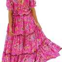 YESNO Summer Casual Bohemian Floral Dresses for Women Puff Short Sleeve Long Maxi Dress with Pockets ETX size L Floral 26