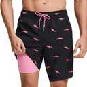 maamgic Mens Swim Trunks with Compression Liner 9 Inch Stretch Quick Dry Swim Shorts with Zipper Pockets Swimwear Black-Pink Shark 3X-Large