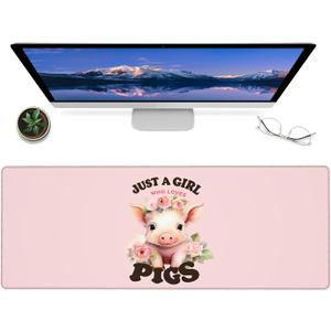 Just a Girl Who Loves Pigs Gaming Mouse Pad – 12x31.5in Non-Slip Rubber Desk Mat with Cute Pig Floral Design – Large Extended Pink Mousepad for Office Home Laptop – Game Deskmat Gifts Decor