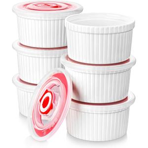 MALACASA Ramekins with Lids 8 oz - Set of 6, White Porcelain Creme Brulee Souffle Ramekins with Covers, Ceramic Custard Cups for Baking, Dishwasher and Oven Safe, Series RAMEKIN-DISH
