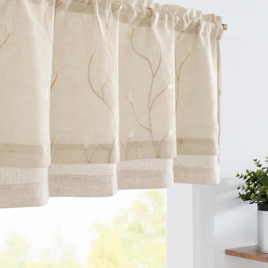 jinchan Linen Valance Sheer Double Layer Kitchen Window Curtain Leaf Embroidered Valance for Living Room Cafe Farmhouse Light Filtering Rustic Country Curtain 18 Inch Rod Pocket 1 Panel Beige