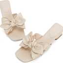 Womens Bow Dressy Low Heel Sandals Slides Summer Chunky Block Heeled Open Toe Mules Slip on Slippers Shoes (8, Beige)