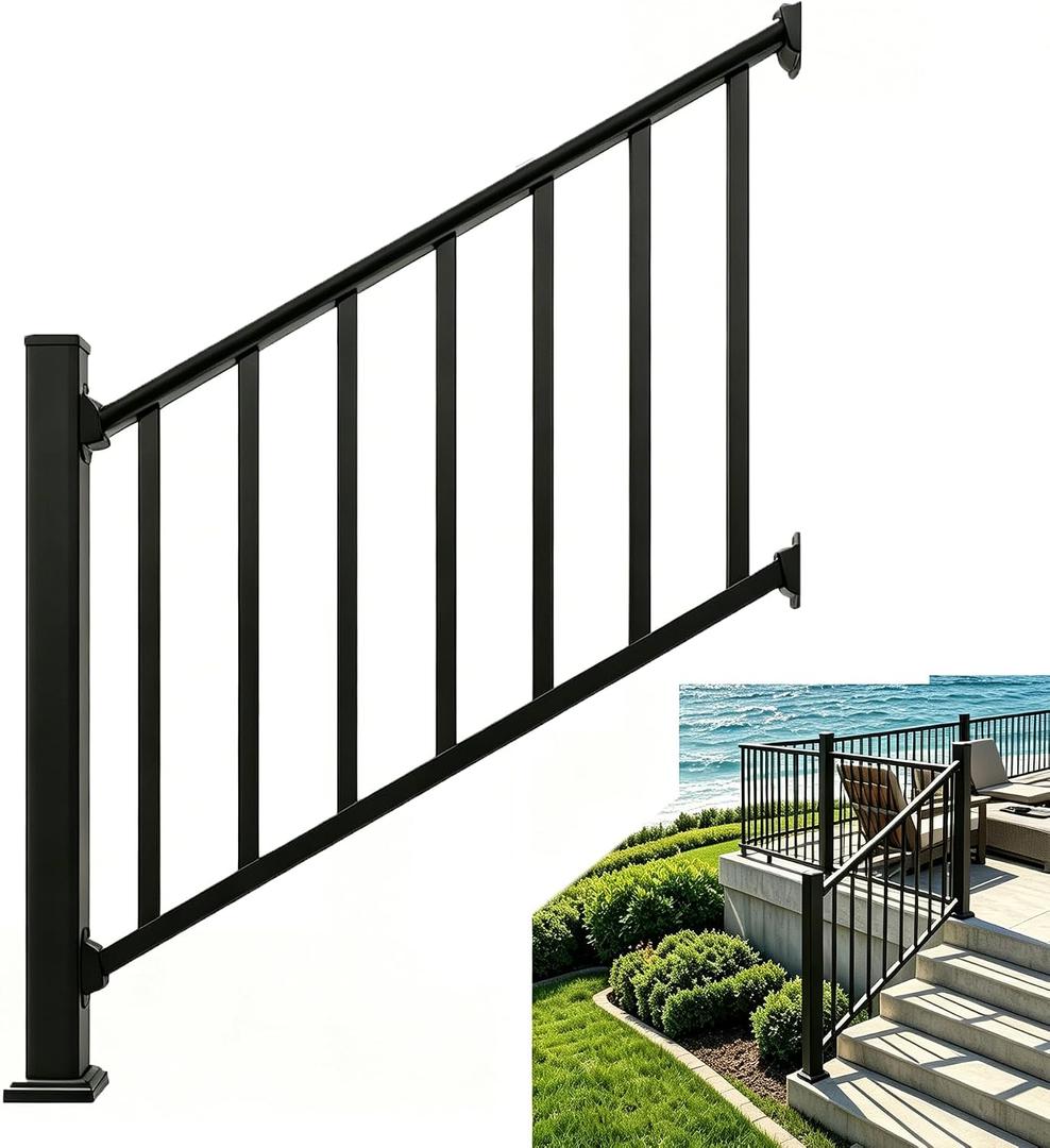 Atemou Aluminum Deck Railing Kit, Modular 36 in H. x 4 Ft W Stair Railing Kit for Outdoor Steps,Heavy Duty Balustrade System for Deck, Porch, Patio & Balcony(1 Post, 1 Panel)