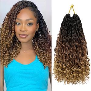 Dorsanee Boho Box Braids Crochet Hair 12 Inch 7 Packs Short Pre-looped Curly Ends Bohemian Hippie Braids Synthetic Braiding Hair Extension (1B/30/27)