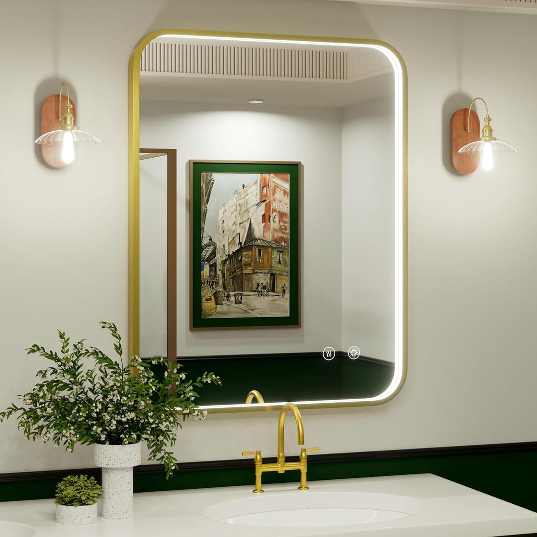 28x36 Inch Gold LED Bathroom Mirror with Lights, Wall Mounted Framed Lighted Bathroom Vanity Mirror, Stepless Dimmable, Memory Funtion, Anti-Fog, Horizontal/Vertical