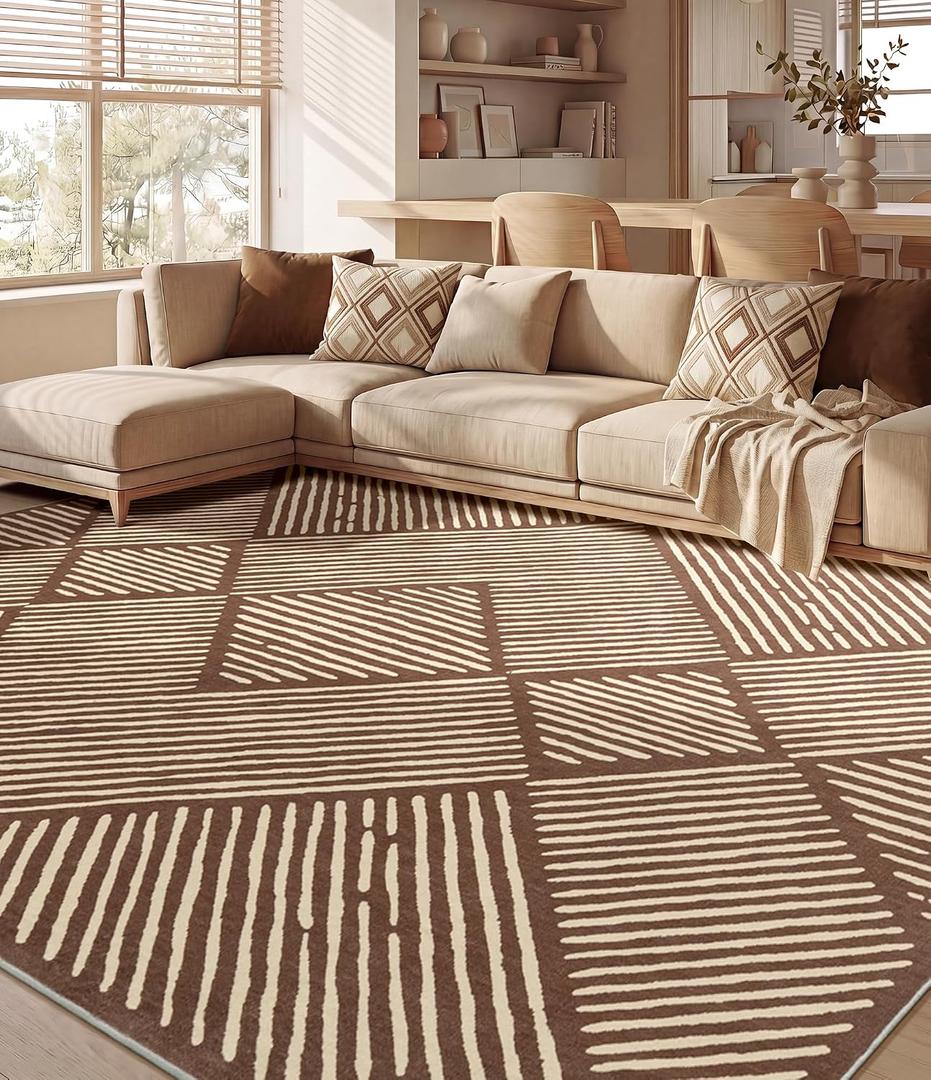 YIHOUSE 8‘x10' Washable Brown Stripe Modern Area Rug for Living Room