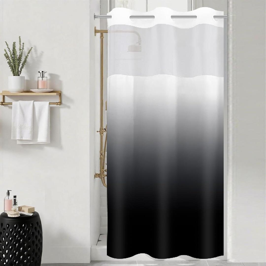 Small Stall No Hook Shower Curtain with Snap in Liner, Black and White Shower Curtains and Liner Set, Ombre Hotel Fabric Bath Curtain for Bathroom, Mesh Top Window Waterproof Washable, 36 x 74