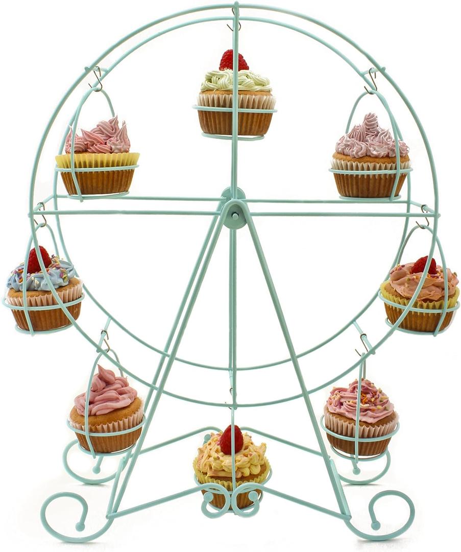 Zoie + Chloe Ferris Wheel Cupcake Stand - Decorative Cupcake Holder for Parties - Spinning Display for Serving Pastry, Treats & Desserts - Easy-to-Clean, Fits 8 Small Cupcakes - 14x4x17, Sky Blue