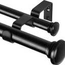 TONIAL 1 Inch Double Curtain Rods 36 to 72 Inches (3 to 6ft), Heavy Duty Decorative Drapery Rod for Windows 24 to 68 Inches (2 to 5.7ft) with Small Cap Finial, Black