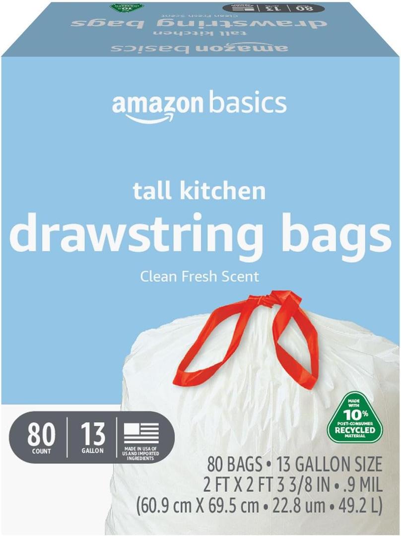 Amazon Basics 13 Gallon Tall Kitchen Drawstring Trash Bags, Clean Fresh Scent, 10% Post Consumer Recycled Material, 80 Count