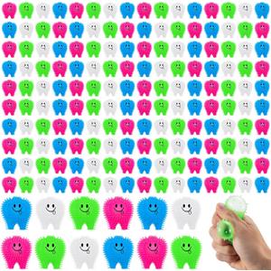 100 Pcs Mini Tooth Toys Fidget Stress Relief Puffer Squeezy Dental Dentist Toys Birthday Party Gifts School Office Prizes, 2 Inch (Multicolored)