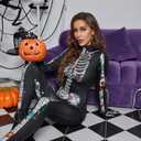 Joy Bang 3D Skeleton Costume Women, Halloween Sexy Skull Onesie Bodysuit with Gloves, Dia de los Muertos Jumpsuit (Black, XL)