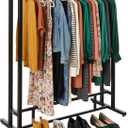MyGift Black Clothes Rack for Bedroom Laundry Living Room, Heavy Duty Double Rod portable Freestanding Garment Rack Clothing Hanger Stand with Built-In Shelf and Storage