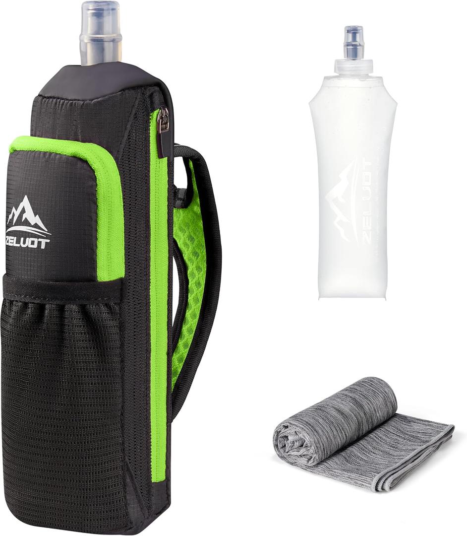 Zelvot Handheld Water Bottle Running, 17 oz Running Water Bottle Hand with Sport Towel and Phone Holder, BPA Free Hand Held Soft Flask with Adjustable Hydration Pack for Runners (Green)