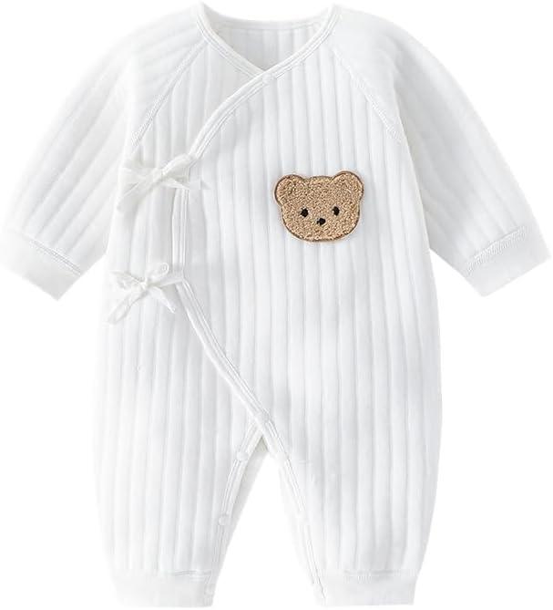 Newborn Baby Cotton Onesie, Cute Bear Patched Casual Long Sleeve Bodysuit, Toddler & Infant Boy's Girl's Comfortable Clothing (0-1 Months, White)
