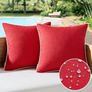 MIULEE Pack of 2 Outdoor Waterproof Throw Pillow Covers Decorative Farmhouse Linen Pillow Covers Solid Color Couch Pillow Covers for Patio Tent Bed Balcony Couch Sofa Living Room 18x18 Inch Red