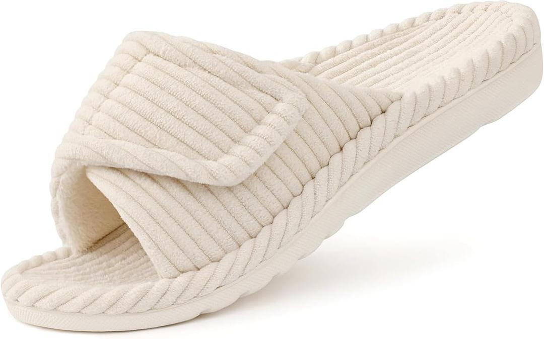 Litfun Orthopedic Arch Support Slippers for Women Comfortable Open Toe Indoor House Slippers Corduroy Cross Bow Bedroom Shoes for Plantar Fasciitis (10, Cream)