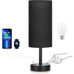 Black Touch Nightstand Lamps for Girl - Small Bedside Lamp with USB-C and USB Charging Ports, 3 Way Dimmable Control Table Lamp for Living Room Office, Dorm, Reading with Fabric Shade Black Base (14in)