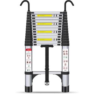 Telescoping Ladder with Hooks, 12.5 FT, 330 lb Capacity, Silver | Telescopic Extension Ladder with Auto-Lock Rungs, Anti-Slip Feet; Compact Storage for Home, Garage, Attic and Window Work