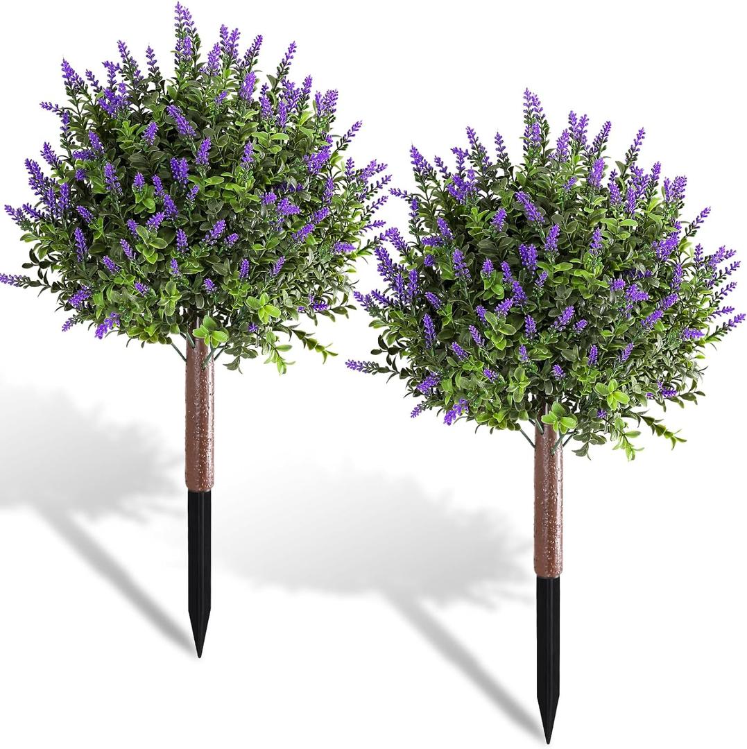 Pertivery 2 Pack Artificial Lavender with Boxwood Topiary Ball23.6" UV Resistant Artificial Shrubs with Ground Spikes, Indoor and Outdoor Fake Evergreen Tree for Porch, Garden, Front Door Decoration
