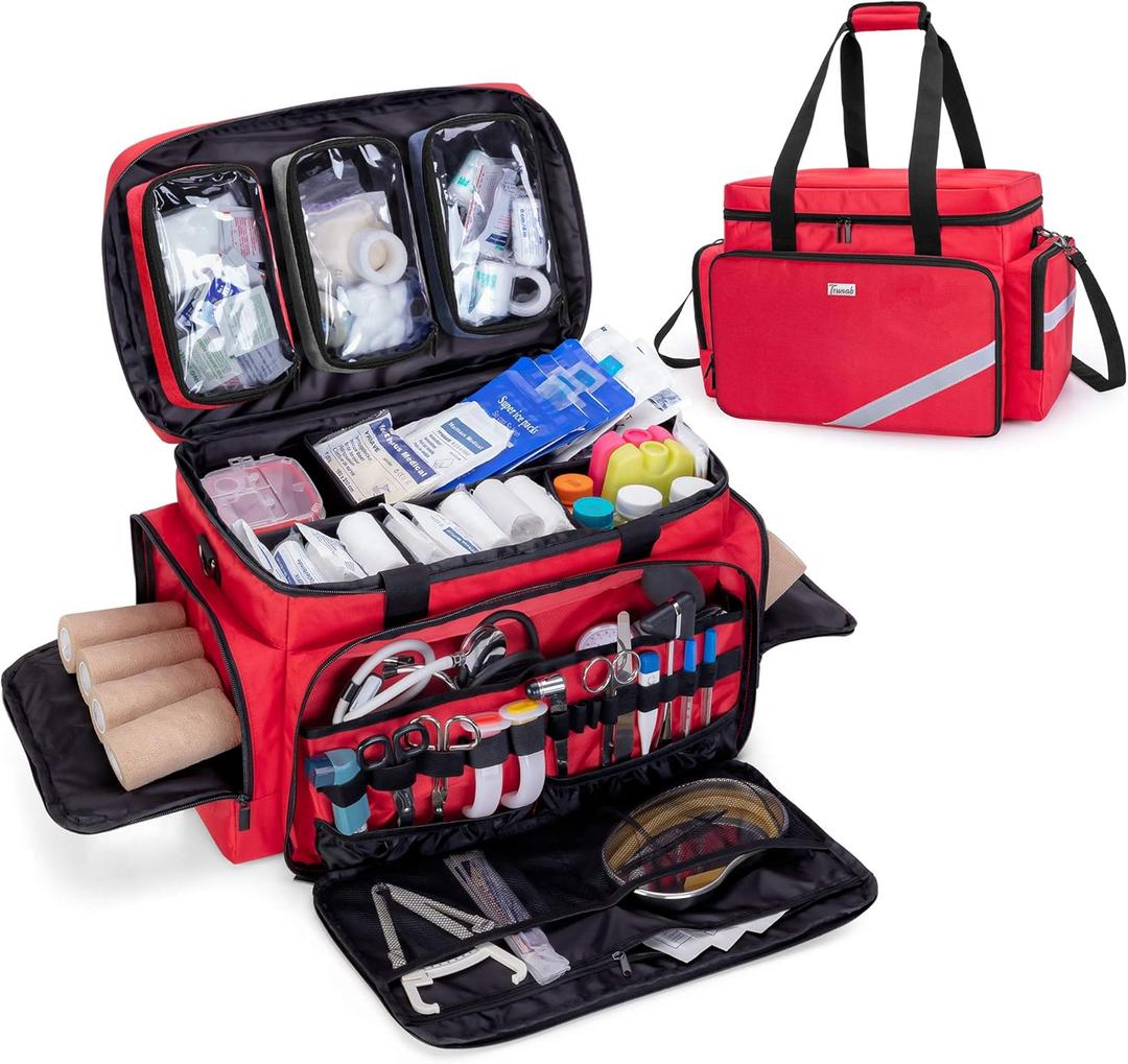 Trunab First Aid Bag Empty, Professional Medical Bag Emergency Responder Trauma Bag with Inner Dividers and Anti-Slip Bottom, Ideal for EMT, EMS, Paramedics (Red)