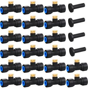 Hotop Brass Misting Nozzles 1/4 Inch Sliding Lock Mister Nozzles Tees with Plugs for Outdoor Cooling System Misting System(20 Pieces)