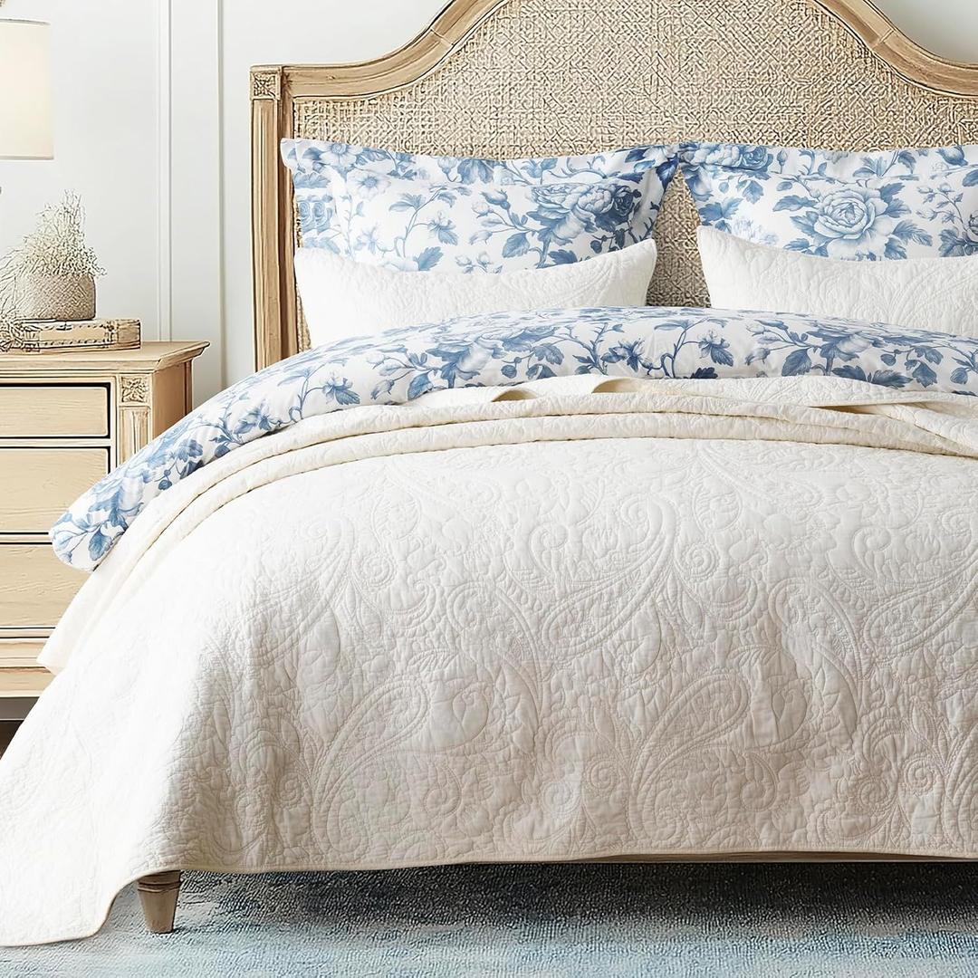 EVERGRACE 100% Cotton Paisley Quilt Set, King Size 3 Piece Set Prewashed Lightweight Bedspread with 2 Shams, Soft & Breathable Matelasse Coverlet for All-Season Comfort, Ivory Cream | Paisley Stitch, 100% Cotton, Pre Washed, Oeko-Tex Certified, Soft, Lightweight