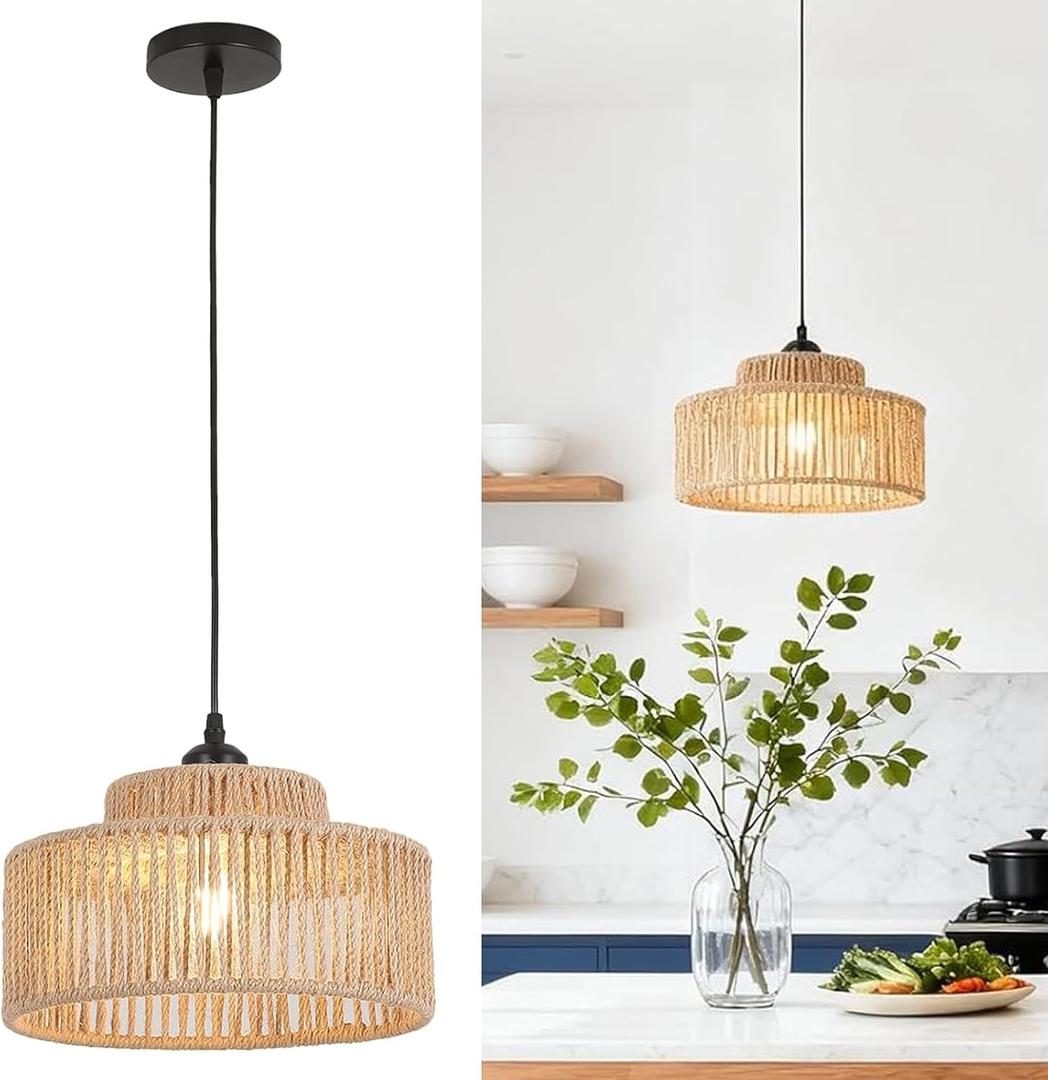 Rattan Pendant Light,11 Inch Boho Kitchen Island light Fixtures,Handmade Woven Hanging Lamp,Wicker Small Chandelier,Coastal Hanging Lights for Bedroom Kitchen Living Room Hallway Restaurant Foyer (Brown-1Pack)