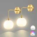 Battery Operated Wall Sconces Set of 2, Gold Rechargeable Wireless Wall Lights with Milky White Shade, 12 RGB and 3CCT Dimmable Wall Lamps with Remote for Bedroom Living Room Hallway