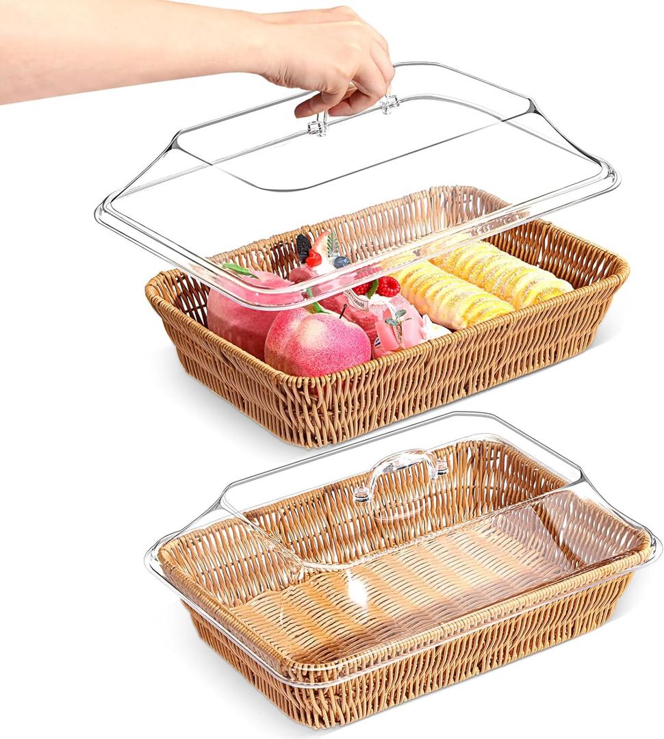 2 Set Wicker Bread Baskets for Serving with Acrylic Lids Woven Imitation Rattan Bread Basket Rectangular with Cover for World Baking Day Fruit Food Serving(13.78" X 9.84")