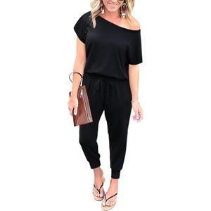 KAY SINN Summer Jumpsuit Rompers Off Shoulder for Women with Pockets Casual Elastic Waist (Large, 01-black)