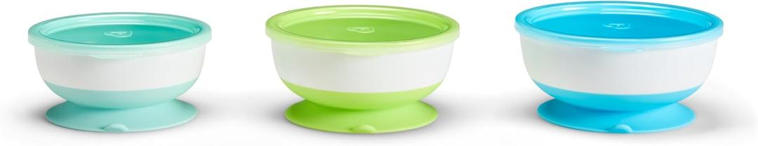 Munchkin Stay Put Suction Baby Bowls with Lids - Dishes for Babies and Toddlers, Self-Feeding Bowl Set for Kids 6+ Months, 3 Pack, Blue/Green (Small (100ml), Medium (150ml), Large (200ml))
