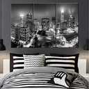 Canvas Print Wall Art Painting for Home Decor Black and White Charlotte Skyline Night Buildings Cityscape Coastline Paintings Artwork the Picture City Photo Prints On Canvas - 40‘’x20‘’x3 panels