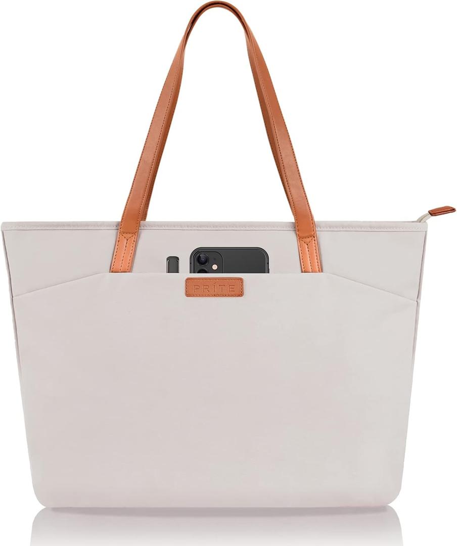 Prite Laptop Tote Bag for Women Shoulder Bag with 16 Computer Compartment for Work Travel (Beige)
