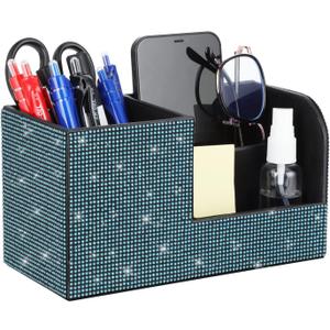 Desk Pen Pencil Holder Bling Pasted Rhinestones Paper Stationery Storage Box, Multi-functional Organizer for Pen/Pencil,Cell phone,Business Name Cards,Eye Glasses,Remote Control Holder (Blue)