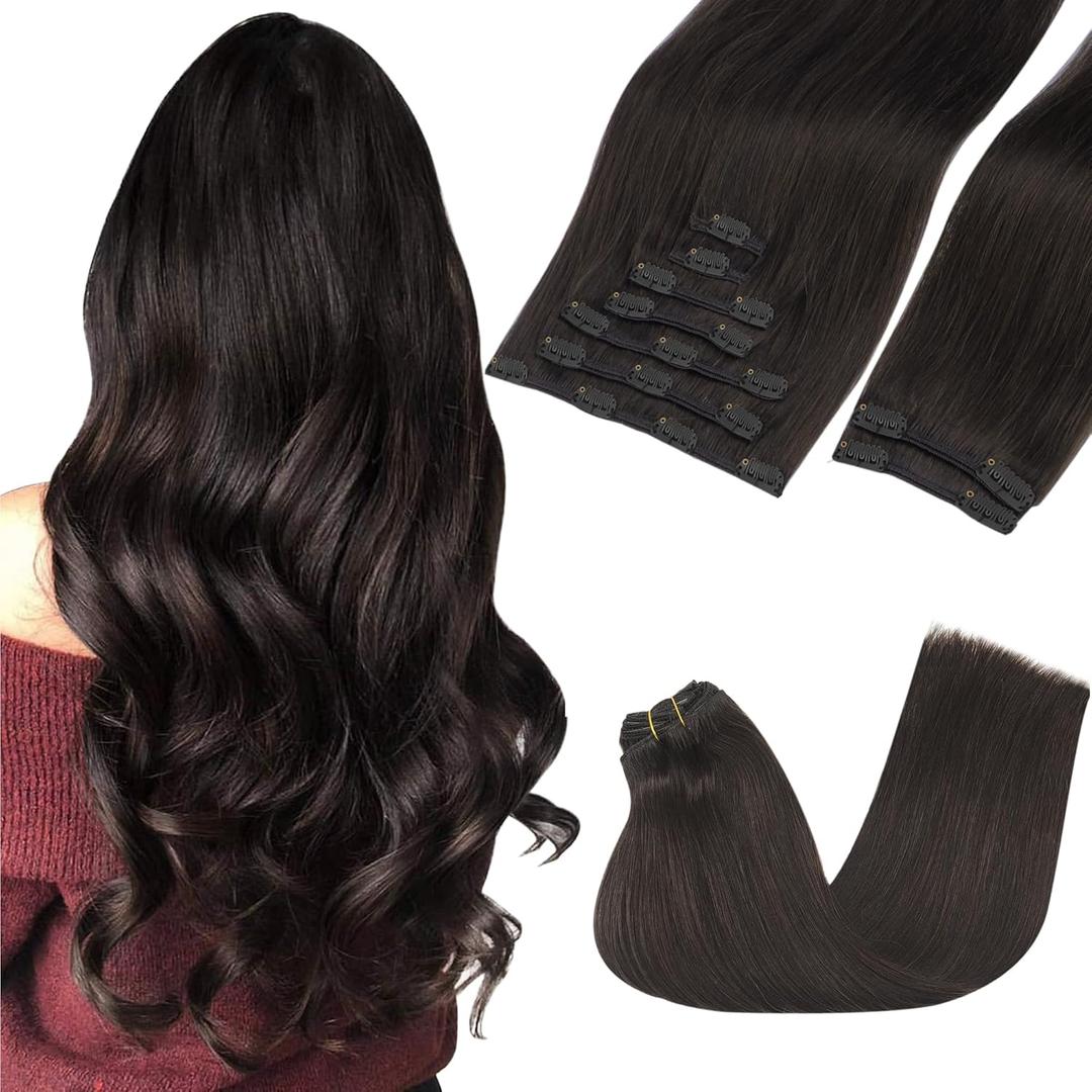 GOO GOO Clip in Hair Extensions Real Human Hair, Remy Human Hair Extensions Clip ins for Women, Natural Human Hair, 24inch 150g 9Pcs, #2 Dark Brown