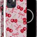 Case Compatible with iPhone 15 Plus,Compatible with MagSafe,Fall Prevention Hybrid 2-Layer Hard Shell Cases for Girls Boys,Pink Bow Cherry Ribbon Fruit