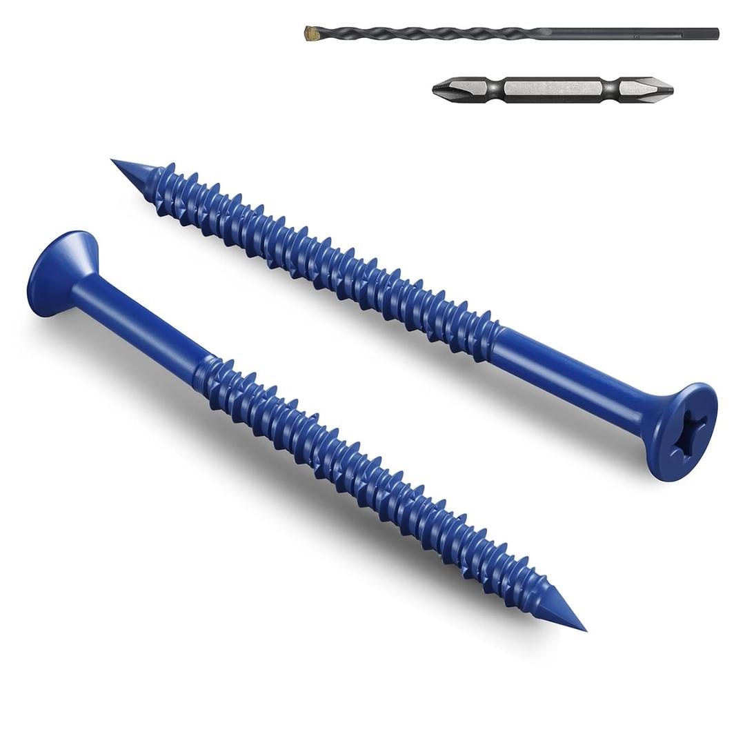 100Pcs 3/16 x 2-3/4 Inch Concrete Screws Anchor with Drill Bit, Blue Flat Head Masonry Brick Stucco Cement Block Screws, Diamond Point