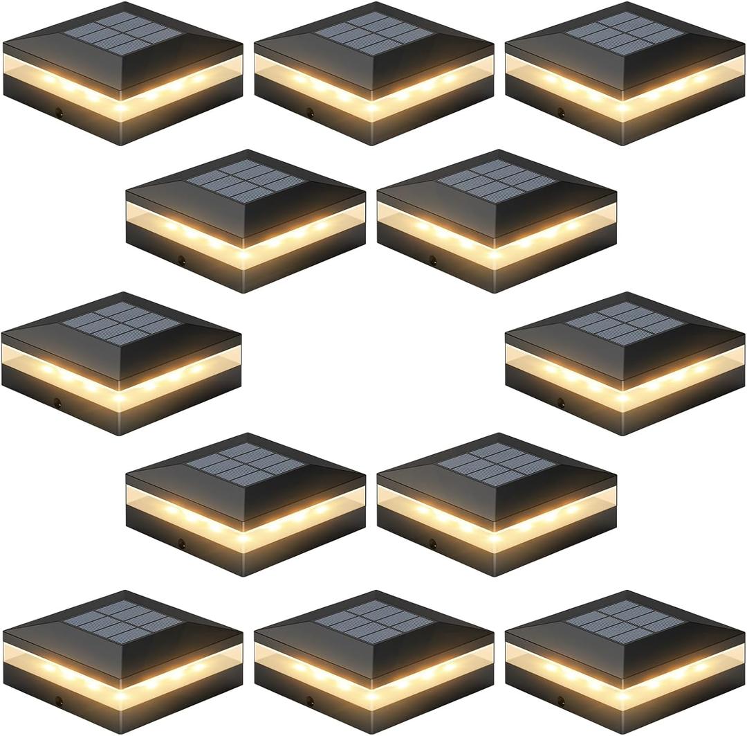 Viewsun 12 Pack Solar Post Cap Lights, 3 Color Modes Fence Post Solar Outdoor with 72 LEDs, IP65 Waterproof Deck Lights Decorating for Fence, Deck, Garden, Fit 4x4 Wooden/Vinyl Posts (Black)