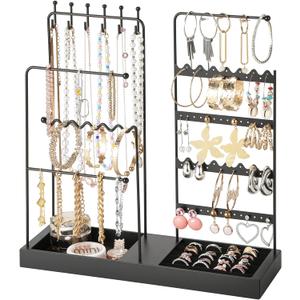 LAMU Jewelry Holder Organizer, 5-Tier Jewelry Stand with Metal Tree, Velvet Ring Holder, Anti Entanglement Necklace Holder and Studs Bracelet Earrings Display, Ideal Valentines Day Gifts, Black