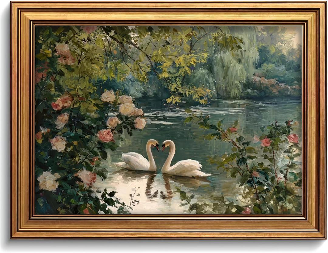 MAM8A Vintage Swan Framed Wall Art, Swan Art Wall Decor, 16 x 24 Inch