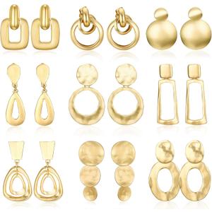 FIBO STEEL Gold Plated Clip on Earrings for Women Non Pierced Drop Dangle Clip on Earrings - Chunky Fashion Accessories Big Rectangle Geometric Statement Clip Earring Set
